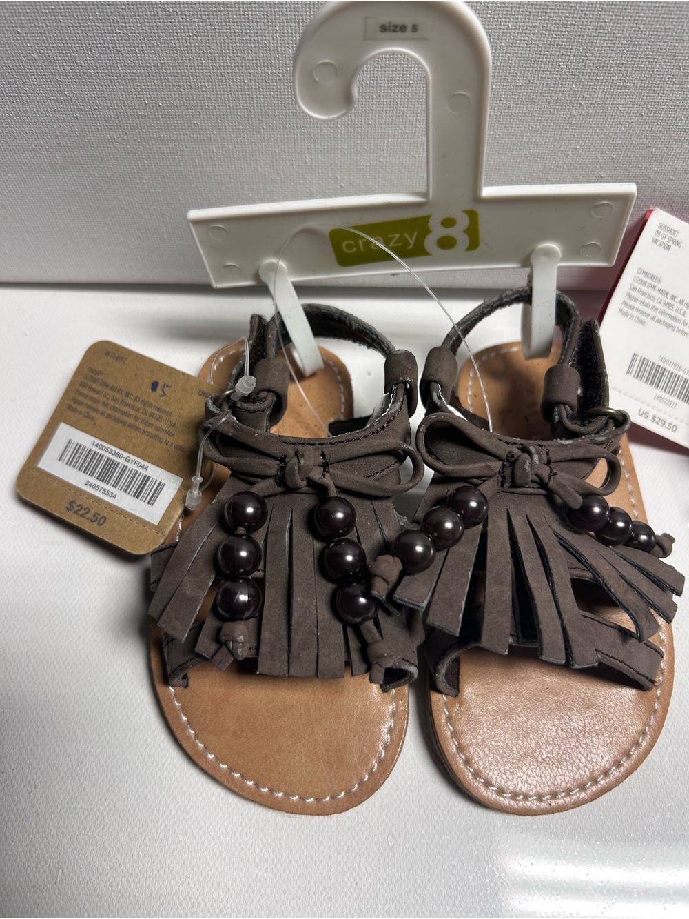 Crazy 8 Brown Fringe Bead Toddler Sandals with Tassels Girl’s Size 5 Boho